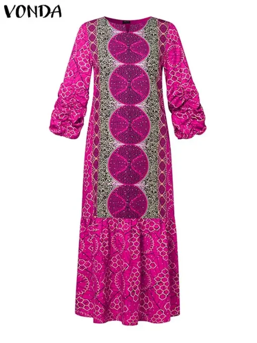 Oversized Bohemian Maxi Dress with Puff Sleeves - Image 2