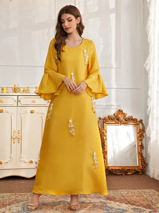 Women's Ankle-Length Beaded Yellow Loose Muslim Toga Dress