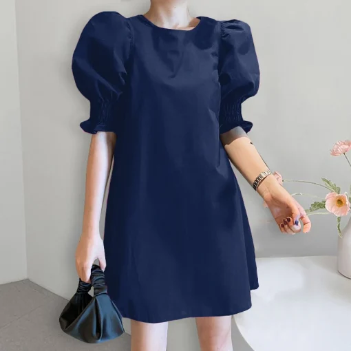 Women's Elegant Solid Color Puff Sleeve Summer Dress - Image 6