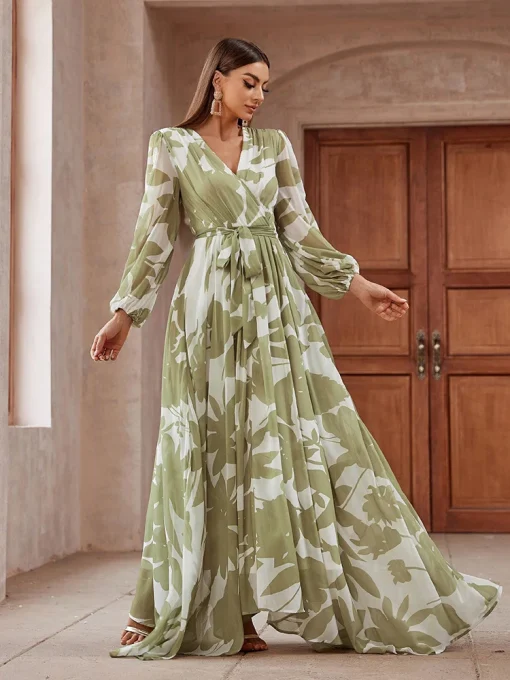 Bohemian Floral Lantern Sleeve Maxi Dress with Belt - Image 4