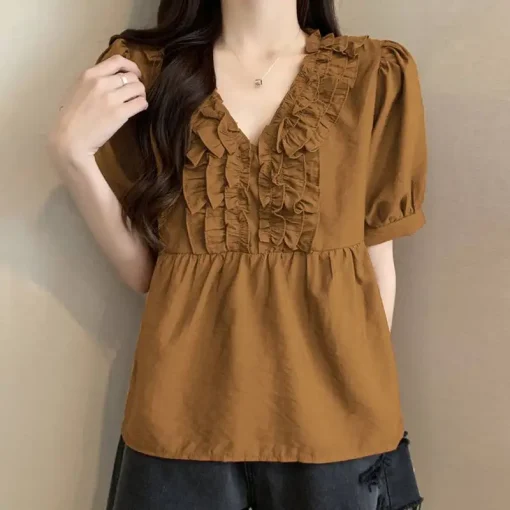 Women’s Elegant Ruffled V-Neck Short Sleeve Blouse