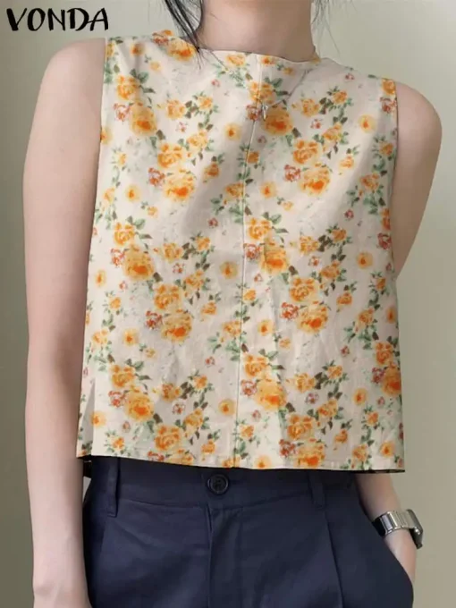 Vintage Floral Printed Tank Tops with Back Buttons - Image 2