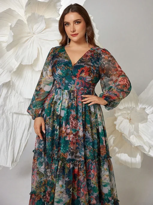 Plus Size Floral Print V-Neck Lantern Sleeve Maxi Dress - Image 3