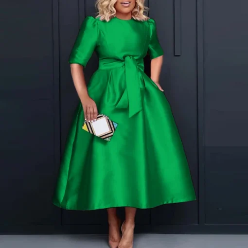 Plus Size Elegant Satin Midi Dress with Belted Waist - Image 7