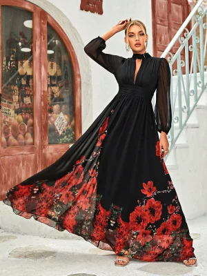 Spring Summer Floral Print Lantern Sleeve Chiffon Maxi Dress