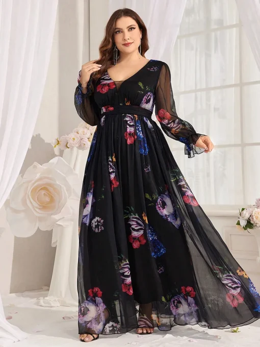 Elegant V-Neck Floral Print Mesh Flare Sleeve Maxi Dress - Image 2