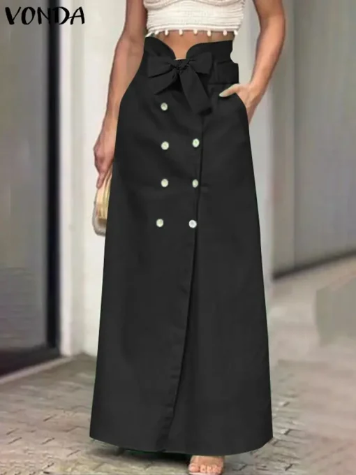 Women Office Maxi Skirt with Bow and Buttons - Image 2