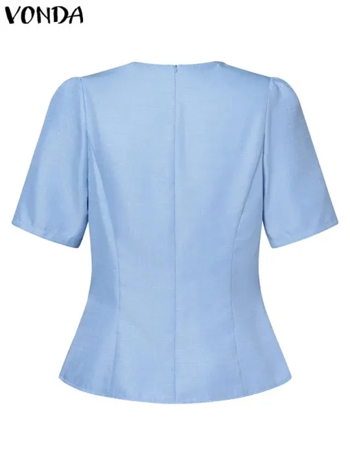 Elegant Summer Office Blouse with Short Puff Sleeves - Image 3