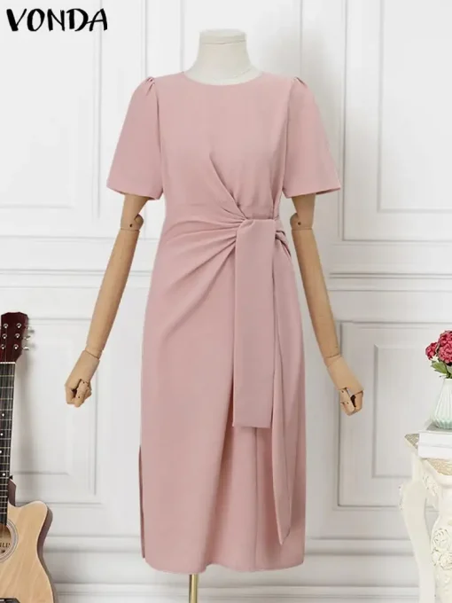 Women’s Elegant Pleated Waist Midi Shirt Dress - Image 3