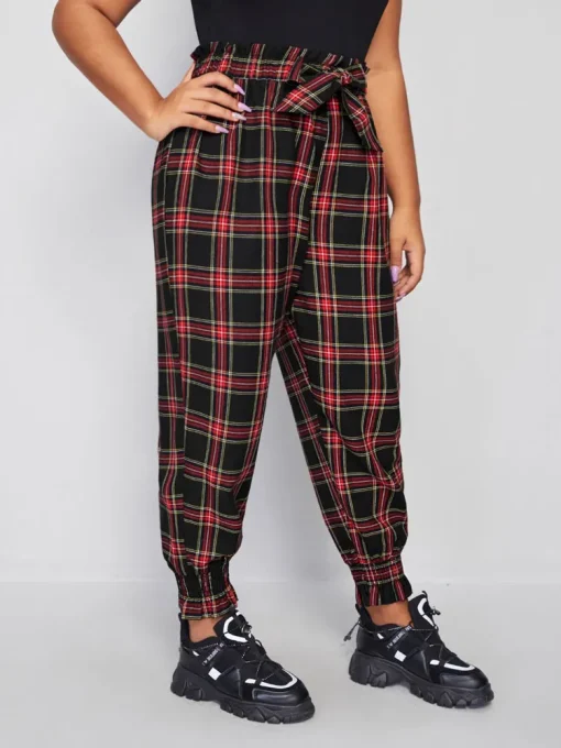 Plus Size Women's Casual Plaid Wide Leg Ruffled Pants - Image 3