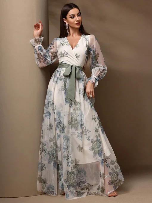 Floral Print Flare Sleeve Belted Lace Mesh Maxi Dress - Image 4