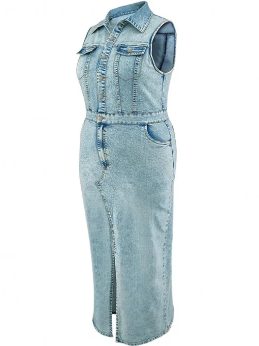 Plus Size Denim Maxi Dress, Casual Loose Fit Style - Image 5