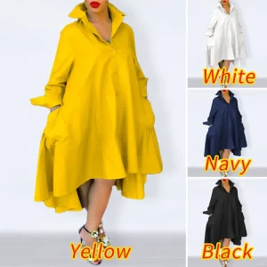 Women's Elegant Long Sleeve Midi Sundress Button-Up Dress
