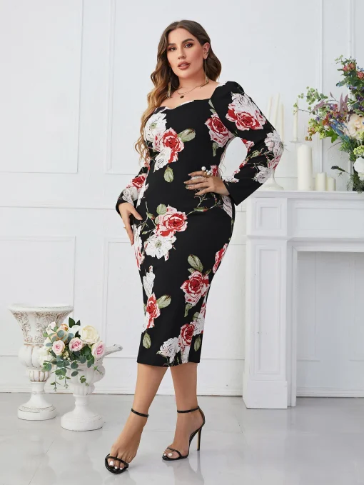 Elegant Plus Size Floral Party Dress with Long Sleeves - Image 3