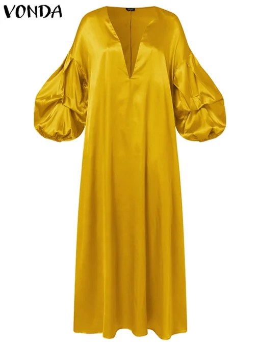 Elegant Satin V-Neck Maxi Dress Women Half Lantern Sleeve - Image 2