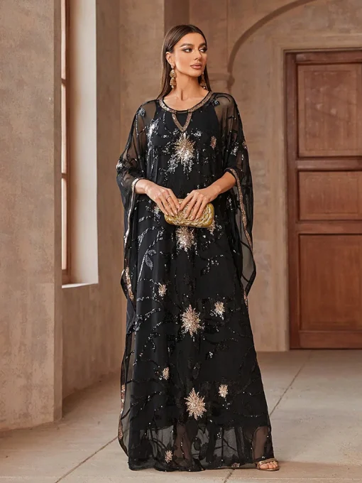 Luxury Sequin Mesh Batwing Sleeve Arabian Style Long Dress