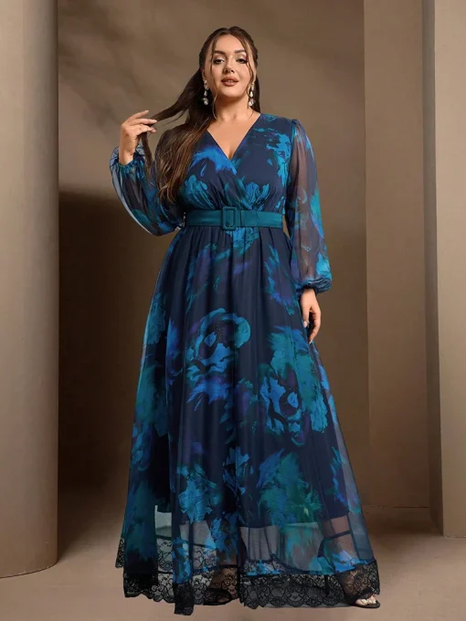 Casual Elegant Plus Size Floral Print Lantern Sleeve Maxi Dress - Image 3