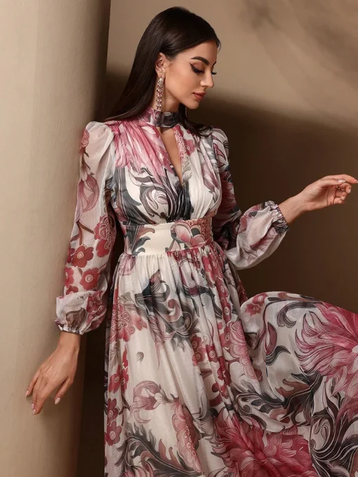 Floral Print Cut-Out Long Sleeve High Waist Summer Maxi Dress - Image 3