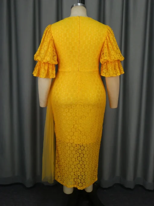 Elegant Yellow Lace Bodycon Dress with Bubble Sleeves - Image 4