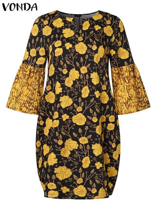 Vintage Printed Mini Party Dress with Flare Sleeves - Image 3