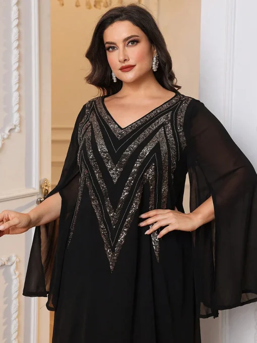 Plus Size Black Sequined Elegant Maxi Abaya Dress - Image 3