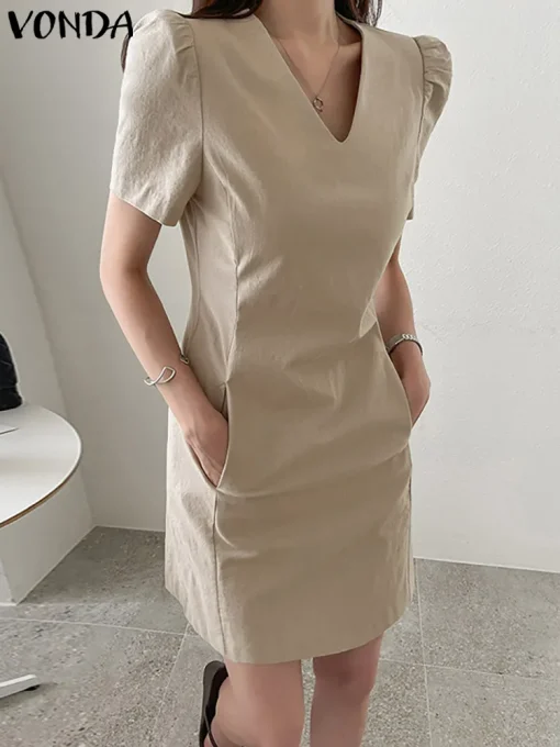 Casual Summer Mini Dress with Puff Sleeves and Zipper - Image 2