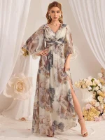 Floral Print Pleated Waist A-Line Split Sleeve Dress