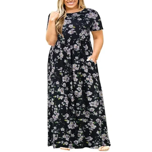 Plus Size Summer Short Sleeve Printed Maxi Dress - Image 8