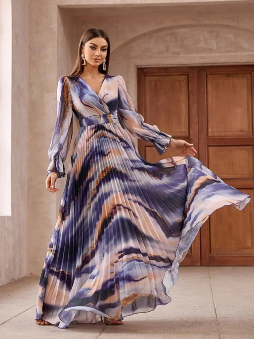 Elegant Boho V-Neck Ruffle Sleeve Printed Abaya Dress