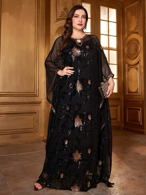 Luxury Elegant Plus Size Sequined Flower Pattern Batwing Sleeve Dress - Image 2