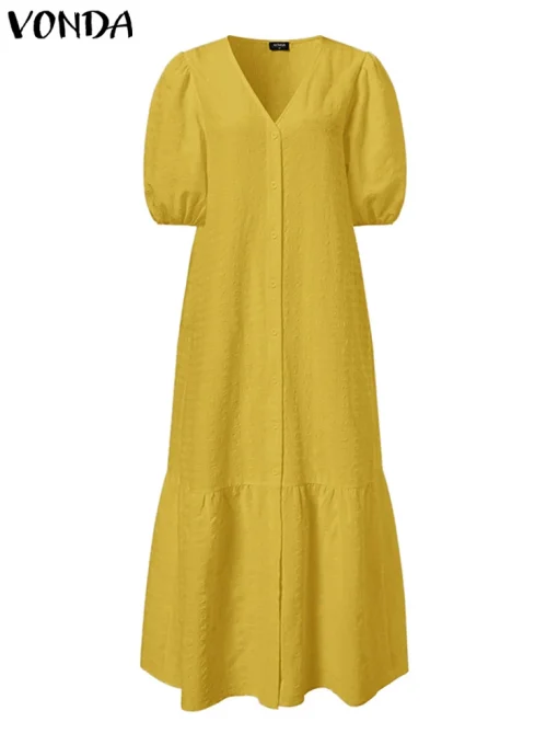 Women's Summer Casual Loose V-Neck Puff Sleeve Maxi Dress - Image 4