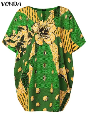 Plus Size Bohemian V-Neck Printed Blouse for Women