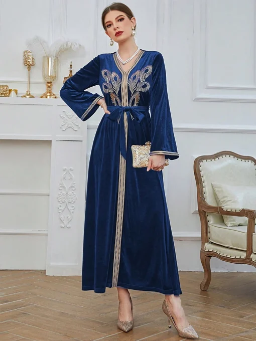 Gorgeous Navy Blue Ankle-Length Embroidered Muslim Evening Gown - Image 3