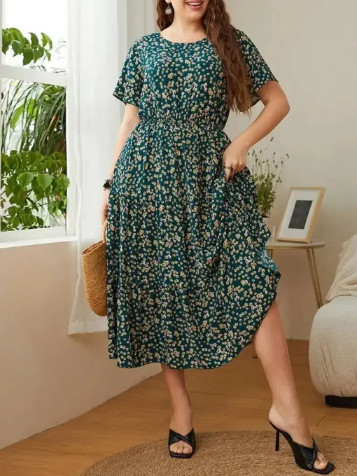 Elegant Plus Size Floral Printed O-Neck Casual Party Dress - Image 5