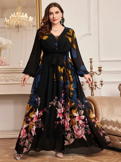 Plus Size Casual Elegant Floral Print Lantern Sleeve Maxi Dress - Image 5