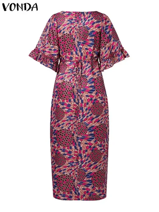 Bohemian Maxi Dress Vintage Fare Sleeve Print Round Neck Sundress - Image 3