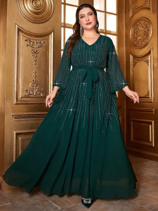 Plus Size Beaded Bell Sleeve Belted Formal Maxi Dress