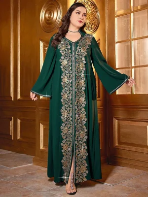 Plus Size Sequin Embroidered Belt Split Hem Evening Dress