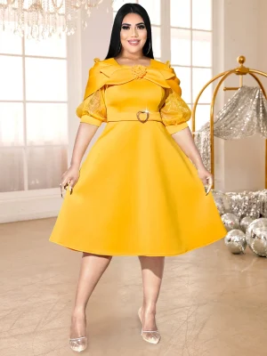 Classic Yellow A-Line Dress with Mesh Patchwork for Women