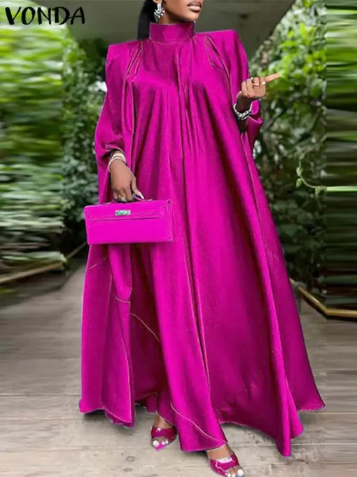 Plus Size Elegant Satin Maxi Dress with Bat Sleeves - Image 2