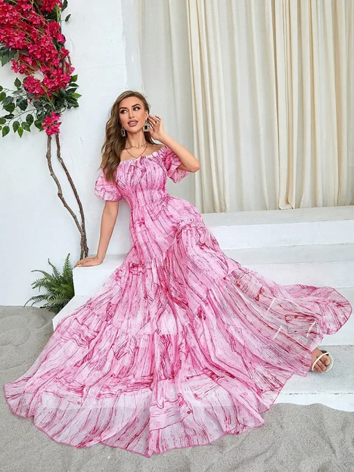 Sexy Pink Off-Shoulder Puff Sleeve Bohemian Maxi Dress - Image 3