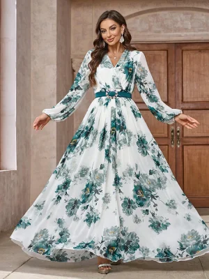 Floral Printed Mesh Lantern Sleeve Belted Long Dress