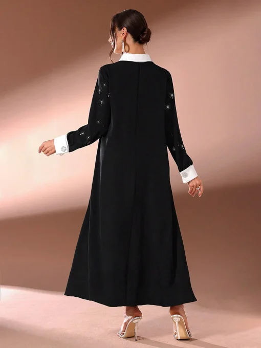 Elegant Diamond Detail Long Sleeve Contrast Collar Party Dress - Image 2