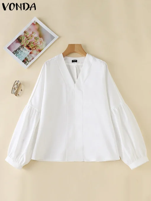 Plus Size Elegant V-Neck Office Blouse with Lantern Sleeves - Image 2