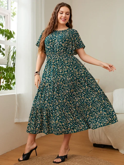 Elegant Plus Size Floral Printed O-Neck Casual Party Dress - Image 2