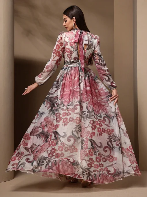 Floral Print Cut-Out Long Sleeve High Waist Summer Maxi Dress - Image 2