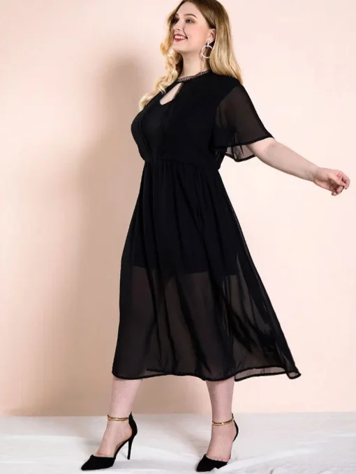 Elegant Plus Size Monochromatic Hollow Out Long Party Dress - Image 4