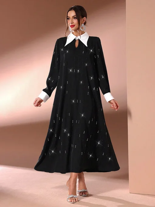 Elegant Diamond Detail Long Sleeve Contrast Collar Party Dress - Image 5