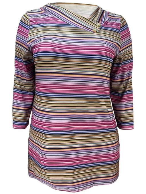 Plus Size Casual V-Neck Stripe Print 3/4 Sleeve T-Shirt - Image 3