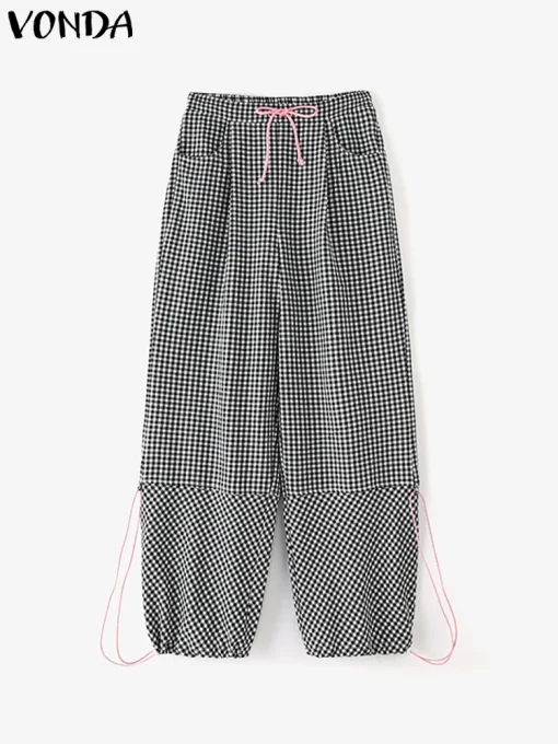 Elegant Plaid Wide Leg Trousers with Drawstring Detail - Image 2